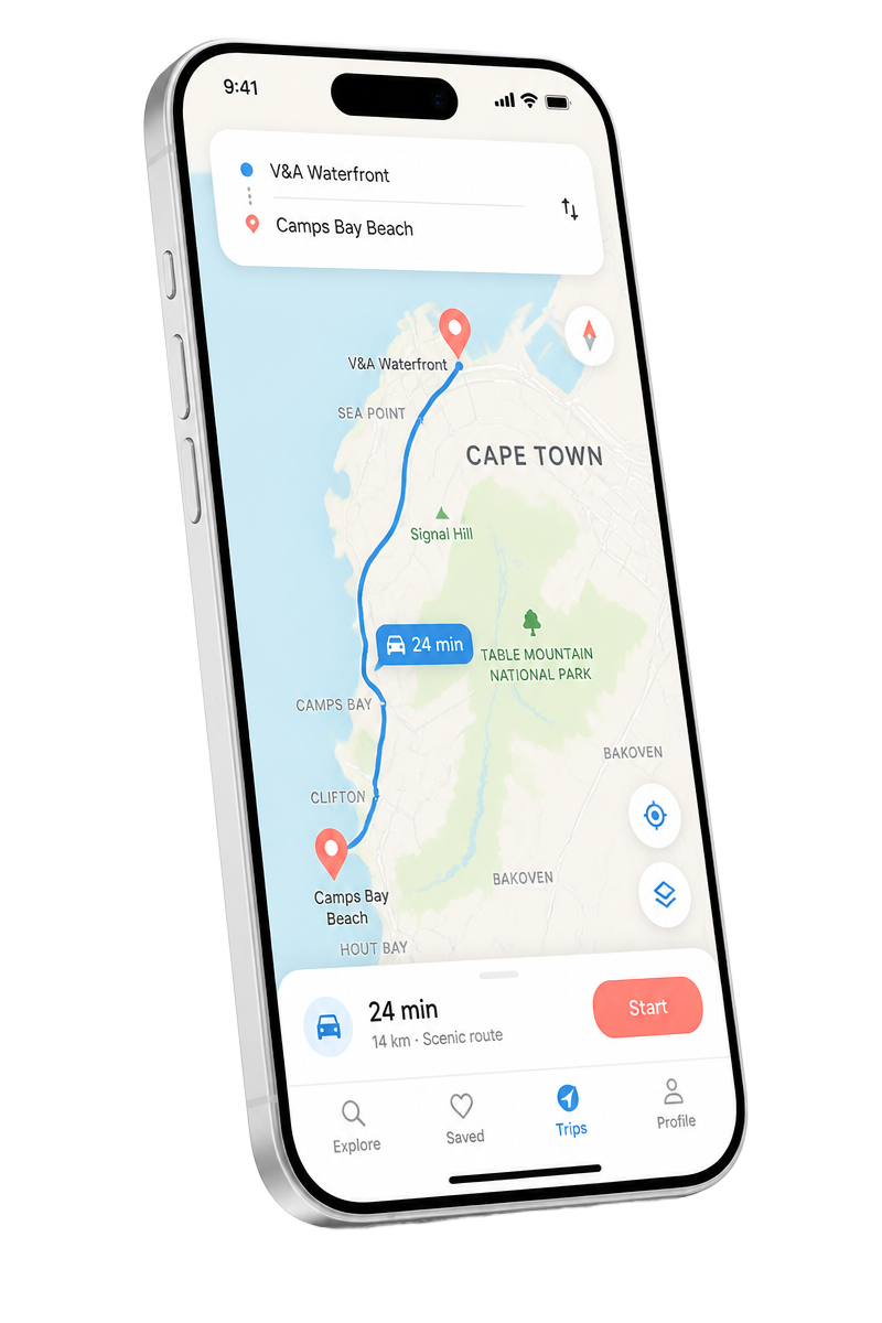 Clearpath Routes app showing a safe route along the Cape Town Atlantic Seaboard